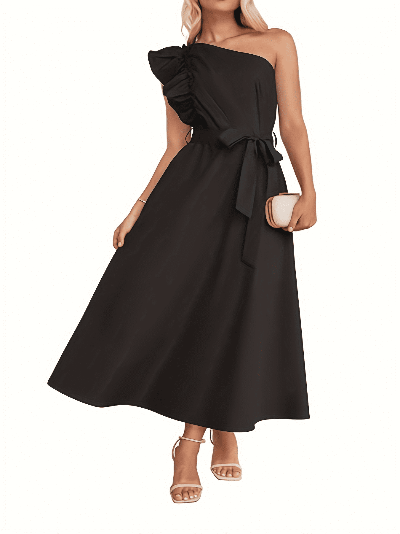 one shoulder empire waist dress Women's Ruffle Maxi Dress, Tie Solid Color Boho Flowy A-Line Beach Party Long Italian Size WOMEN:IT38 | S Pueblo white bedroom bundle INV-D238946 Evening gowns