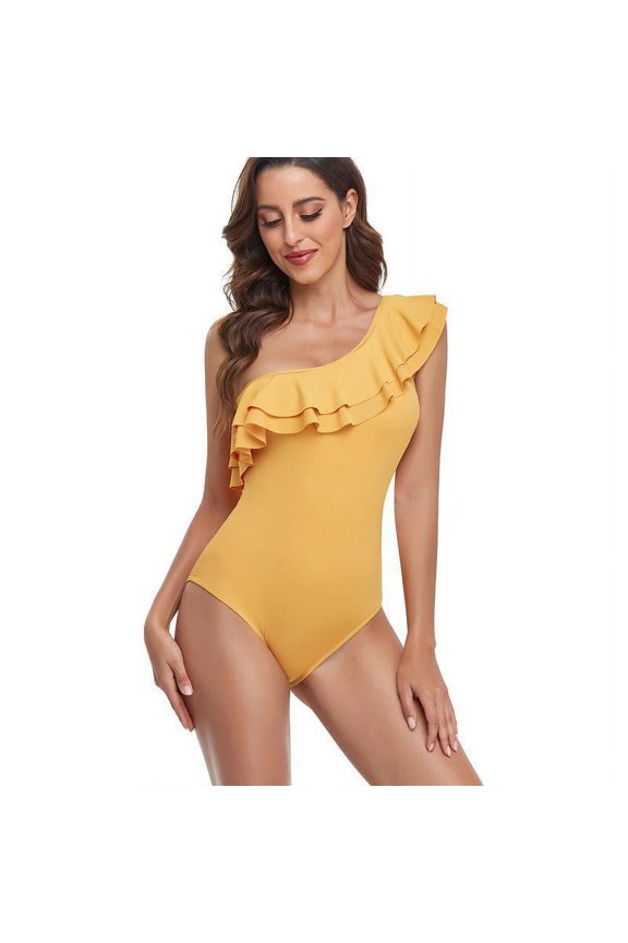 Women's One Shoulder Ruffle One Piece Swimsuit, Solid Color Asymmetrical Neck Bathing Suit Open Back Swimwear