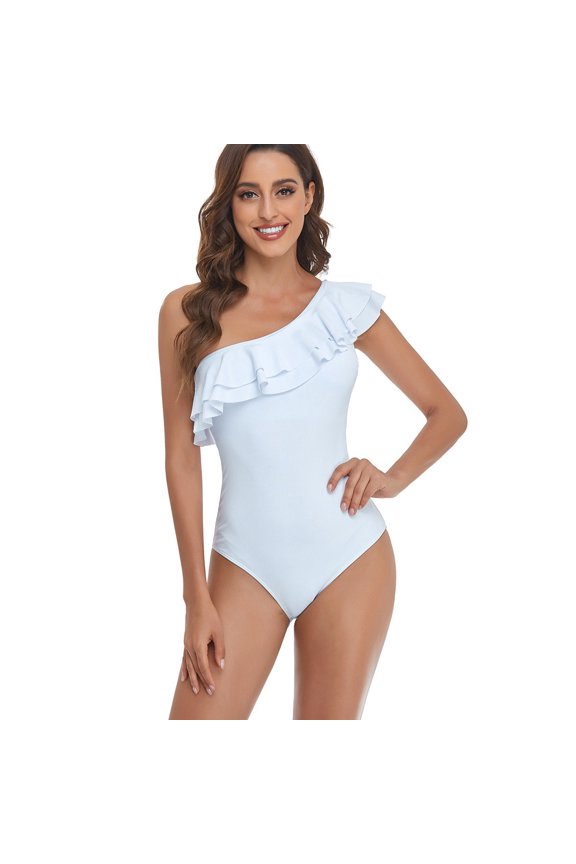 Women's One Shoulder Ruffle One Piece Swimsuit, Solid Color Asymmetrical Neck Bathing Suit Open Back Swimwear