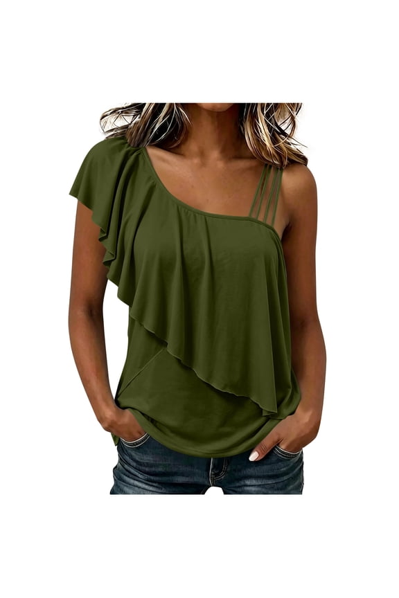 Women's One Shoulder Ruffle Top with Triple Spaghetti Straps, Asymmetrical Sleeveless Blouse, Loose Flowy Fit Summer Tunic, Elegant Solid Color Party Night Out Shirt