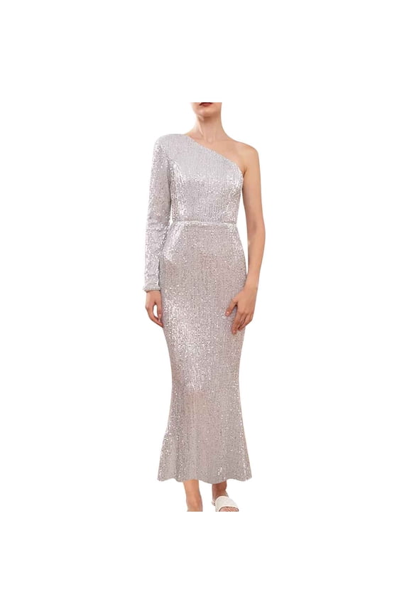 Women's One Shoulder Sequin Party Dress Formal Long Sleeve Gown Bodycon Maxi Dress for Evening Silver L