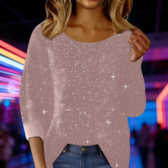 Women's One Shoulder Sequin Top, Glitter Ribbed Off Shoulder Blouse, Sparkling Party Outfit for Night Out, Evening Events and Holiday Celebration Pink M