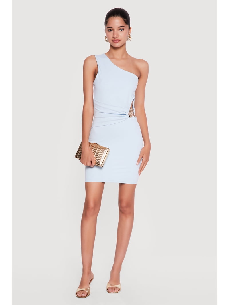 side cut out mini dress Rainbow Women's One Shoulder Side Cutout Mini Dress with Metallic Seashell, Size: Medium, Blue