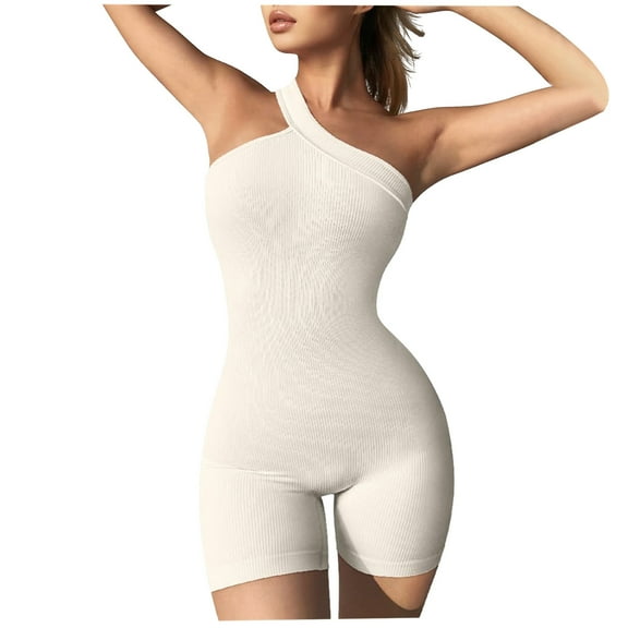 Women's One Shoulder Sleeveless Bodysuits Ribbed Short Pants Jumpsuits One Piece Yoga Romper