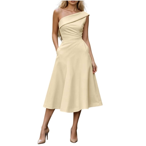 Women's One Shoulder Sleeveless Midi Dress Solid Fitted Waist A Line Flowy Dress with Pockets, Elegant Party Dress for Wedding Guest, Cocktail and formal Occasions Beige