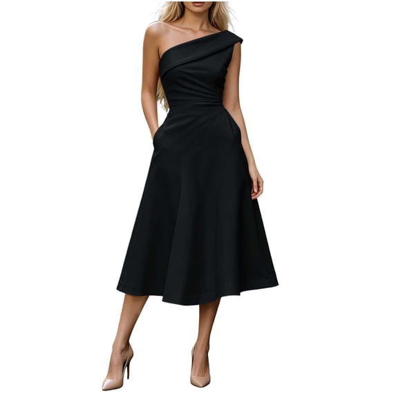 Women's One Shoulder Sleeveless Midi Dress Solid Fitted Waist A Line Flowy Dress with Pockets, Elegant Party Dress for Wedding Guest, Cocktail and formal Occasions Black