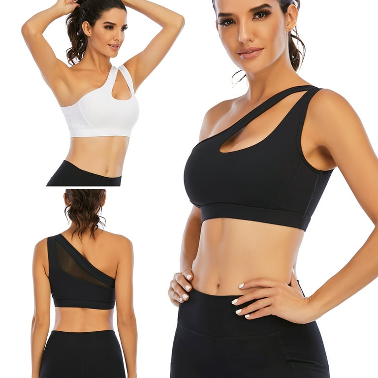 Women's One Shoulder Sports Bra Removable Pads One Strap Sleeveless Crop  Top Wirefree Medium Support, Black, XL