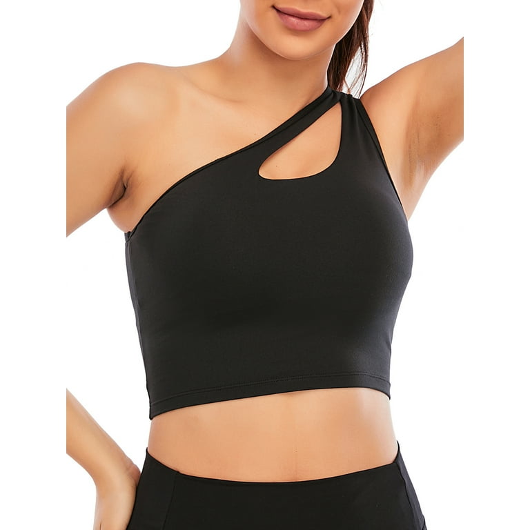 Women's One Shoulder Sports Bra Removable Pads One Strap