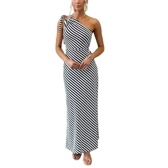 Women's One Shoulder Striped Maxi Dress Asymmetrical Design With 100% Polyester Fabric Perfect For Summer Evenings