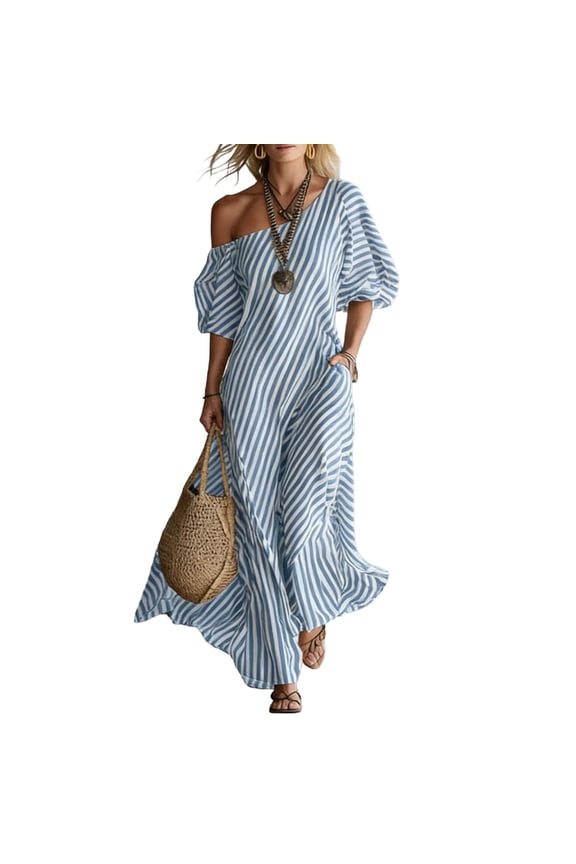 Women's One Shoulder Striped Maxi Dress Summer Flowy 3/4 Length Sleeves Long Dress Oversized Casual Beach Cruise Dress Blue