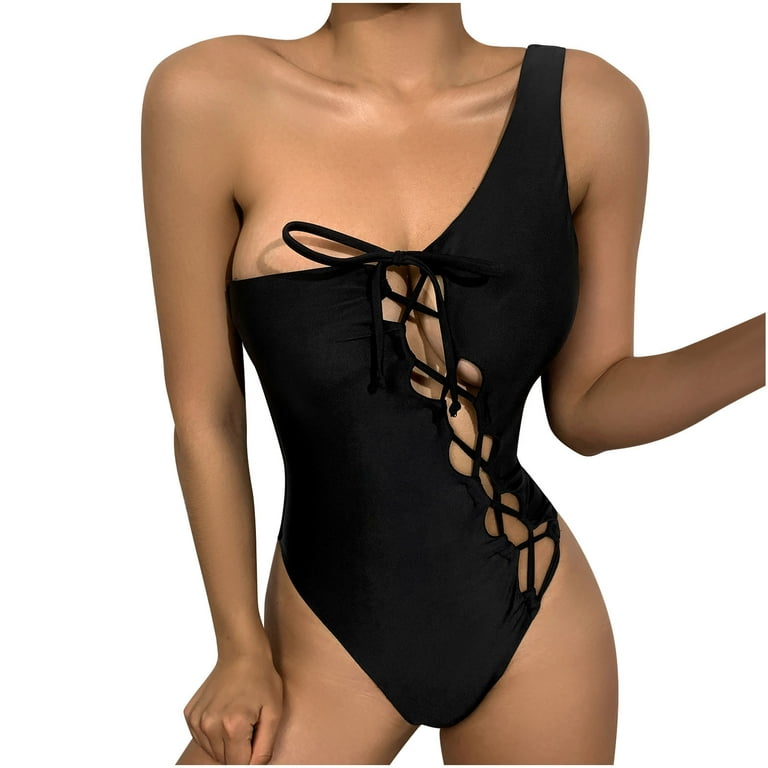 Women's Black One Shoulder Lace Up Sexy One Piece Swimsuit