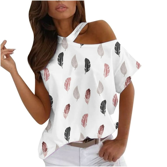 Women's One Shoulder T Shirts Tops Short Sleeve Boho Printed Trendy Basic Shirts Tunic Dressy Casual Beach Blouses