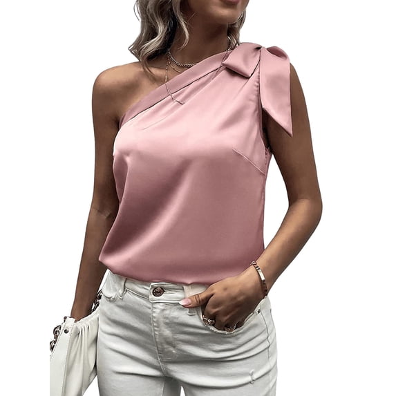 Women's One Shoulder Tank Tops, Sleeveless Bowknot Solid Color Regular Fit T-Shirts