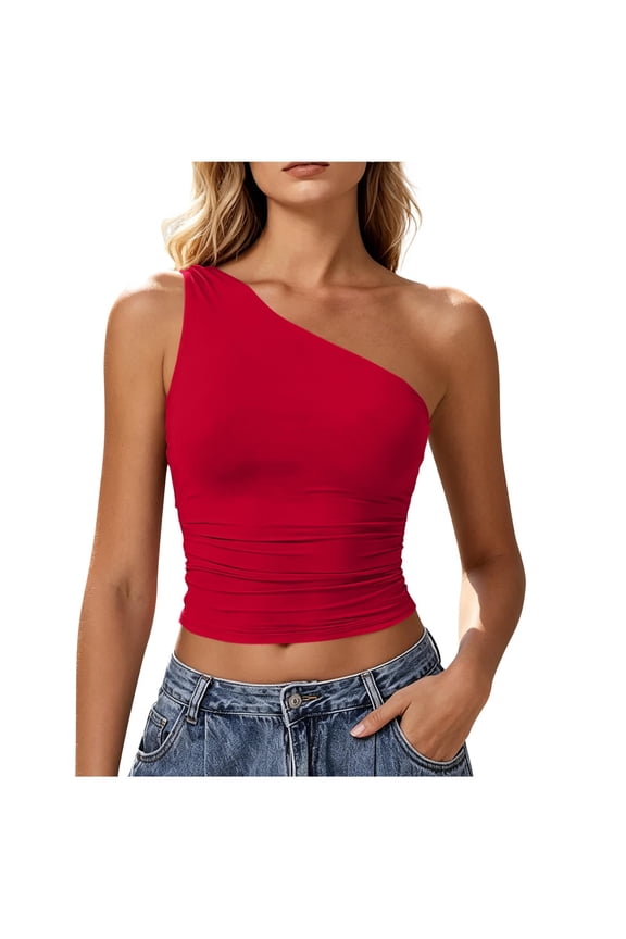 Women's One Shoulder Tank Tops Sleeveless Slim Fit Cropped Tee Shirt Double Lined Y2k Tops