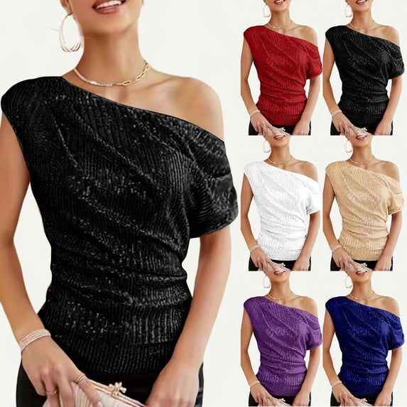 Women's One Shoulder Top Sequin Detail Pleated Design Party Wear Blouse