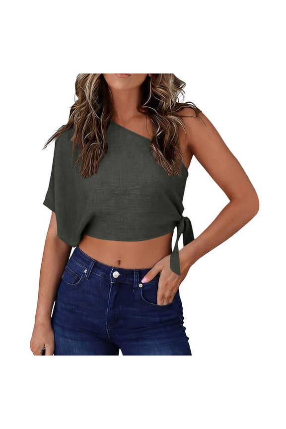 Women's One Shoulder Tops Short Sleeve Crop Top with Tie Side Textured Breathable Summer Blouse Gray S