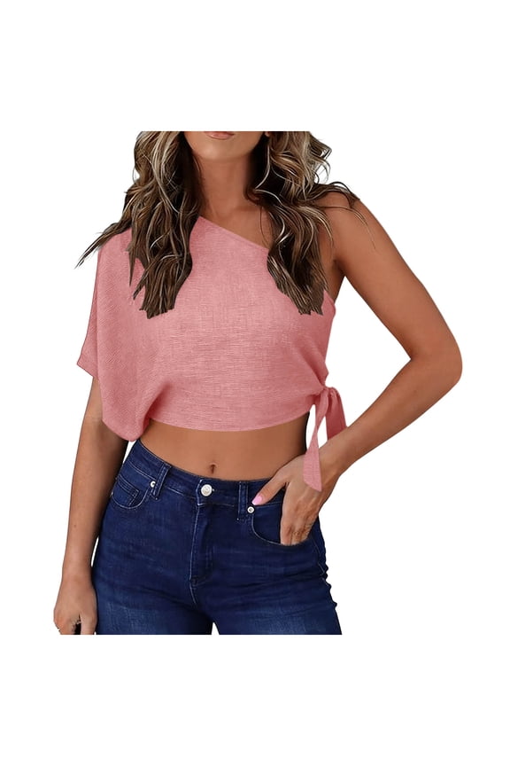 Women's One Shoulder Tops Short Sleeve Crop Top with Tie Side Textured Breathable Summer Blouse Pink S