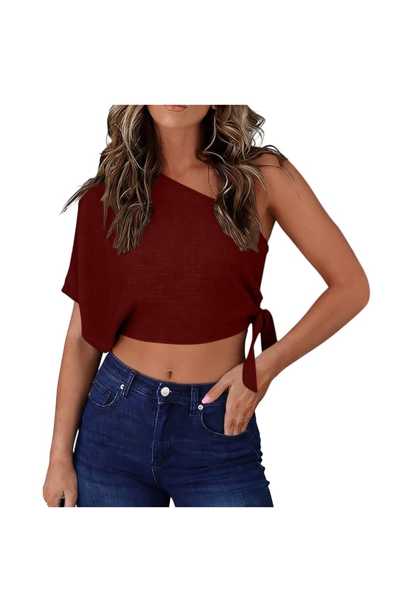 Women's One Shoulder Tops Short Sleeve Crop Top with Tie Side Textured Breathable Summer Blouse Wine S