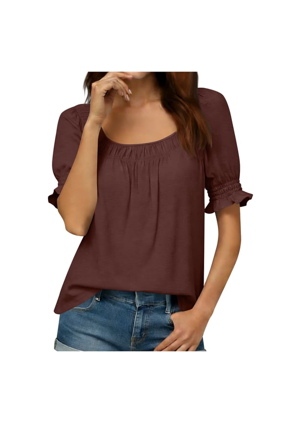 Women's One Shoulder Tops Versatile Two Way Wear Fashion Blouse Puff Sleeve Summer Loose Fits Tops ,Brown,S