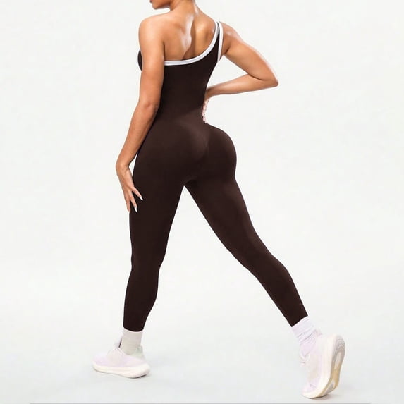 Women's One Shoulder Yoga Jumpsuit, Sexy Backless Single Strap Bodysuit, Seamless Workout Outfit, Gym Fitness and Casual Bodycon One Piece-Brown