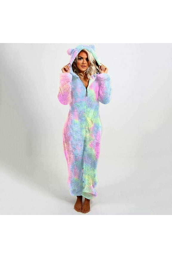 Women's Onesies Fleece Pajamas New Onesie Pajamas for Women Zipper up Jumpsuits Fuzzy Long Sleeve Cute Costumes Tie Dyed Sleepwear Style B-1 Multicolor XL