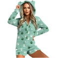 thumbnail image 1 of Women's Onesies Fleece Pajamas New Women's Warm Hooded Ears Hooded Jumpsuit Printing Long Sleeve Shorts Zipper Jumpsuit Pocket Sleepwear Home Clothes Style B-7 Green S, 1 of 5