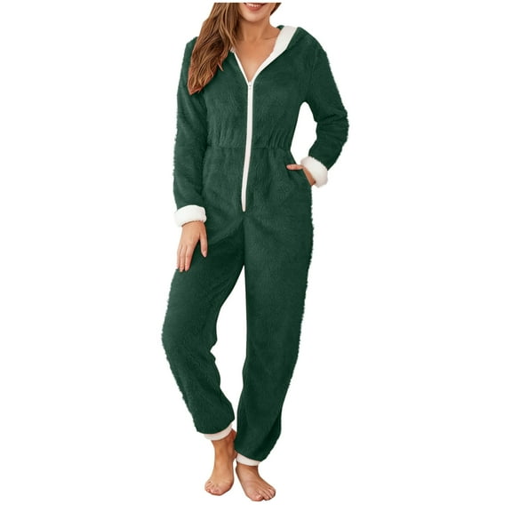 Women's Onesies Pajamas Jumpsuit Sherpa Fleece One Piece Romper Plush Zipper Cute Hooded Pajama Loungewear for Christmas