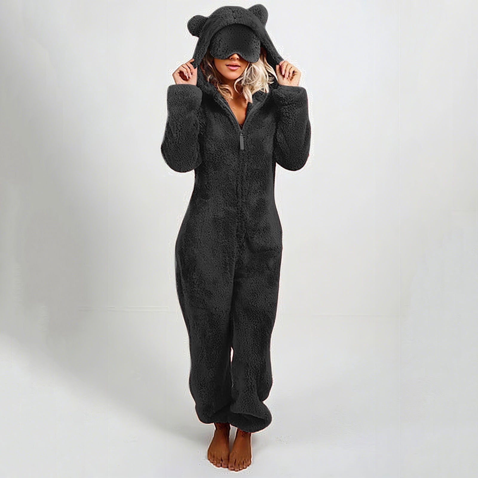 Women's Onesies Pajamas Sherpa One Piece Romper Zipper Cute Hooded Jumpsuit Pajama Loungewear
