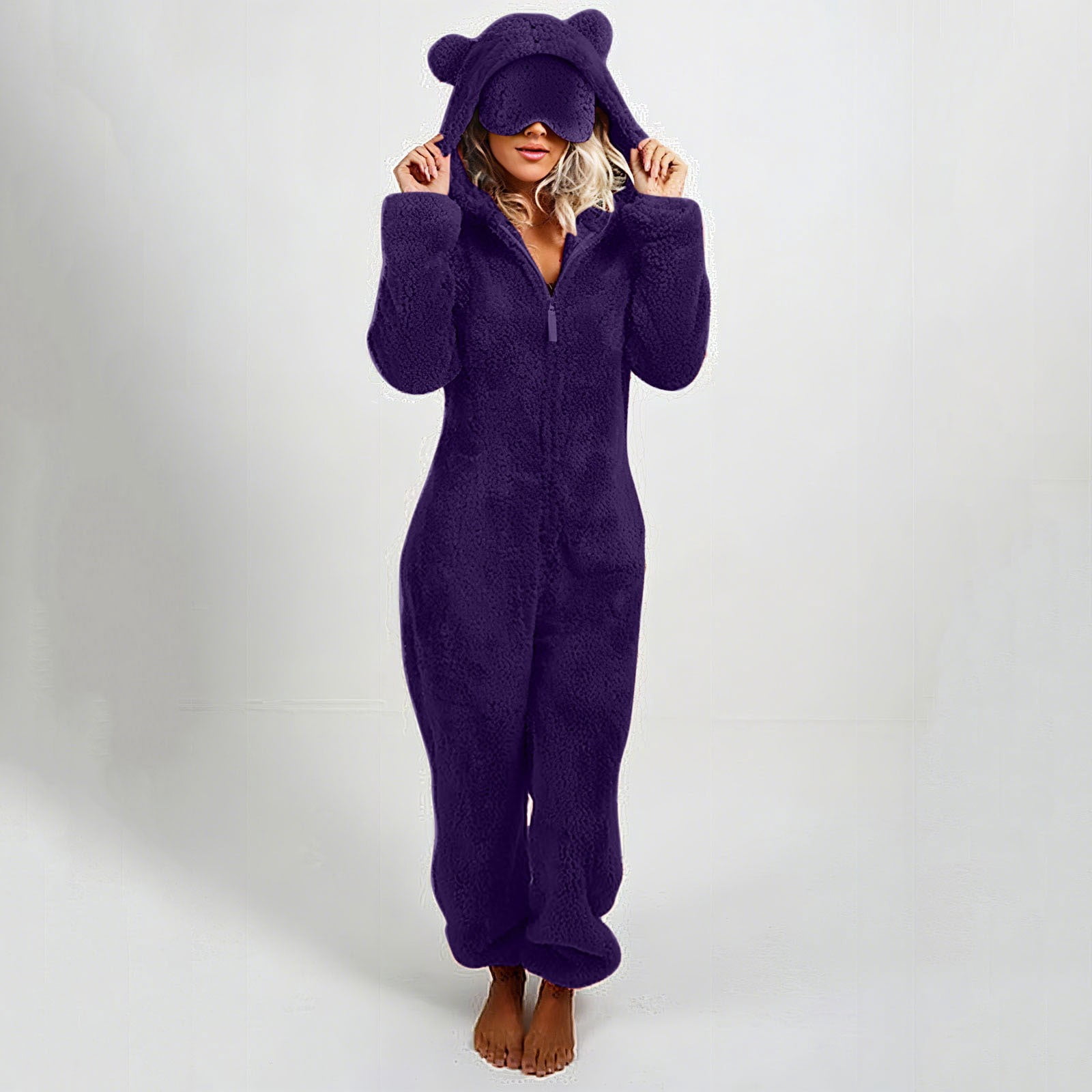 Women's Onesies Pajamas Sherpa One Piece Romper Zipper Cute Hooded Jumpsuit Pajama Loungewear