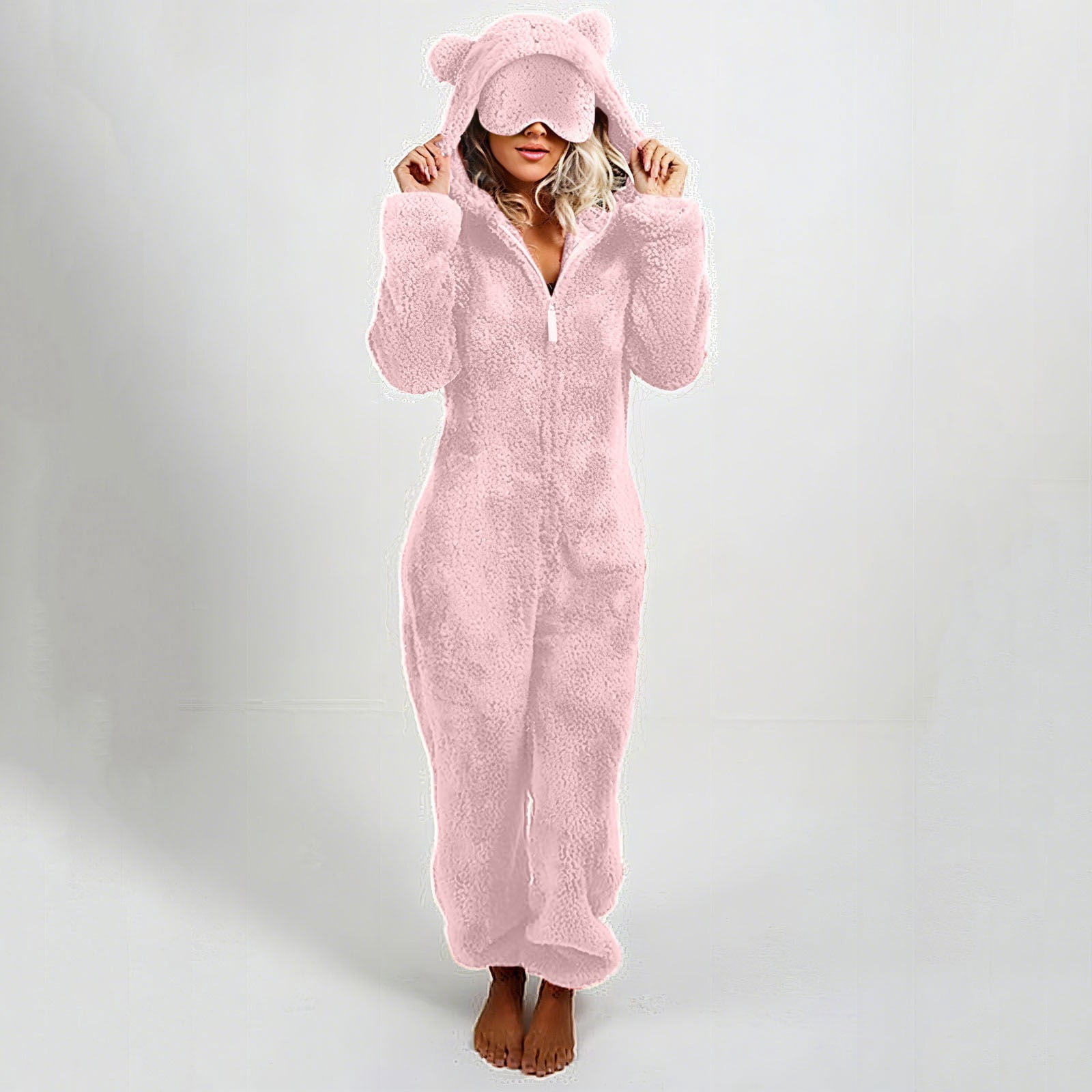 Women's Onesies Pajamas Sherpa One Piece Romper Zipper Cute Hooded Jumpsuit Pajama Loungewear