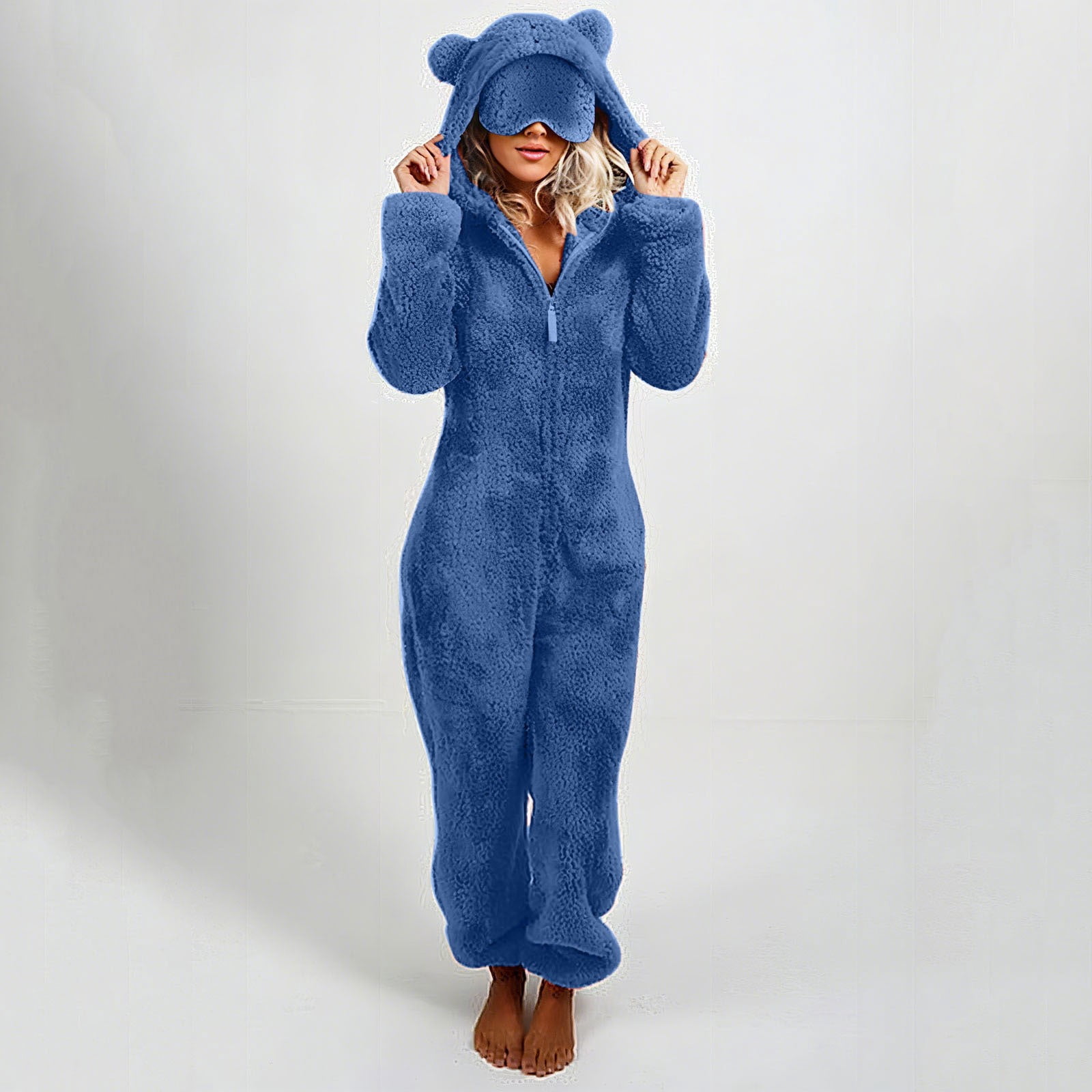 Women's Onesies Pajamas Sherpa One Piece Romper Zipper Cute Hooded Jumpsuit Pajama Loungewear