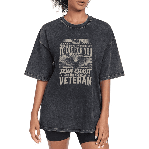 Women's "Only Two Defining Forces" Jesus & Veteran-Themed Graphic Washed T Shirt Cotton Black S-2XL Plus Size
