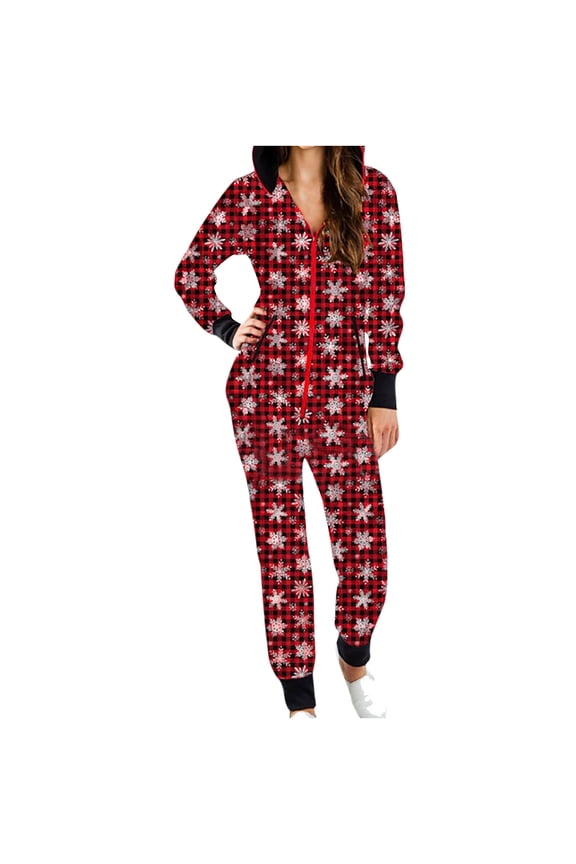 Women's Onsies Pajamas Sleepwear Christmas Zip-up Soft Comfy Hooded Jumpsuit Rompers Bodysuits Loungewear Nightwear