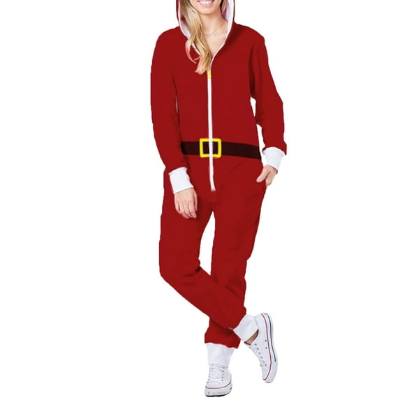 Women's Onsies Pajamas Sleepwear Christmas Zip-up Soft Comfy Hooded Jumpsuit Rompers Bodysuits Loungewear Nightwear