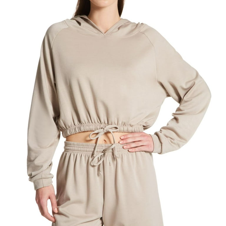 Women's Onzie 3816 Cinch Drawstring Crop Fleece Hoodie (Taupe M/L