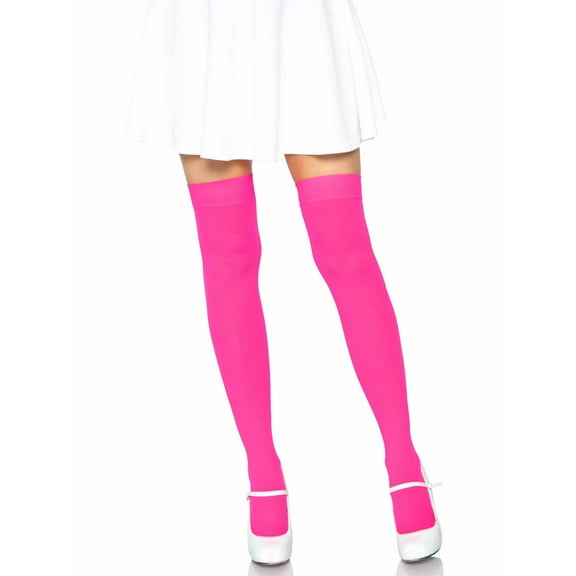 Women's Opaque Nylon Thigh High Stockings,Neon Pink,One-Size