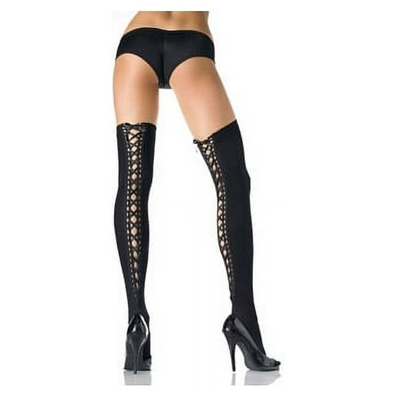 Women's Opaque Thigh High with Lace up Back, Black, One Size