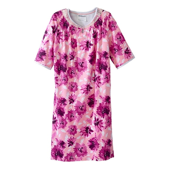 Women’s Open Back Adaptive Nightgown - Short Sleeve Nightgown for Seniors - Pink Lilies SMA