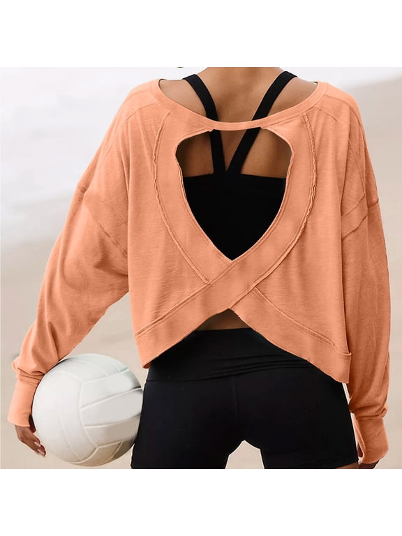 Women's Open Back Cropped Workout Top Long Sleeve Backless Athletic T-Shirt Lightweight Loose Yoga Cover Up Shirt Casual Gym Running Pilates Top For Daily Fitness And Low Impact Sports Orange XXL