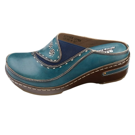 Women's Open-Back Hand-Painted Leather Clogs - Blue - European Size 40