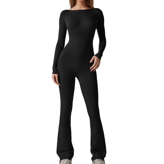 Women's Open Back Long Sleeve Flared Bottom Pants Romper Bodycon Jumpsuits Black,L