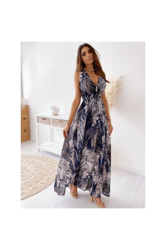 Women's Open Back Sexy Printed Split Lace A-line Beach Dress Unique Flower Trendy Vintage Dress