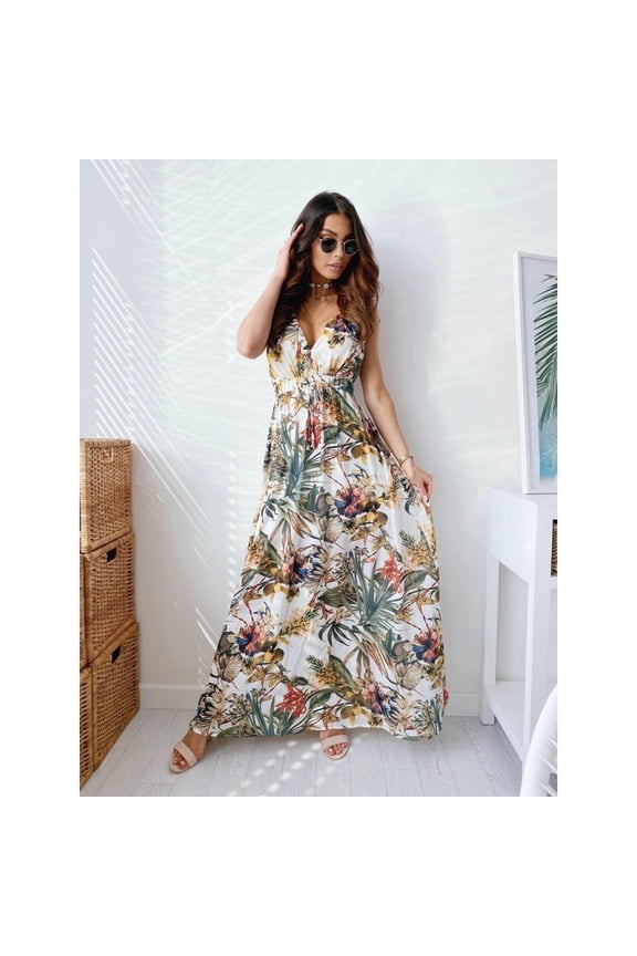 Women's Open Back Sexy Printed Split Lace A-line Beach Dress Unique Flower Trendy Vintage Dress