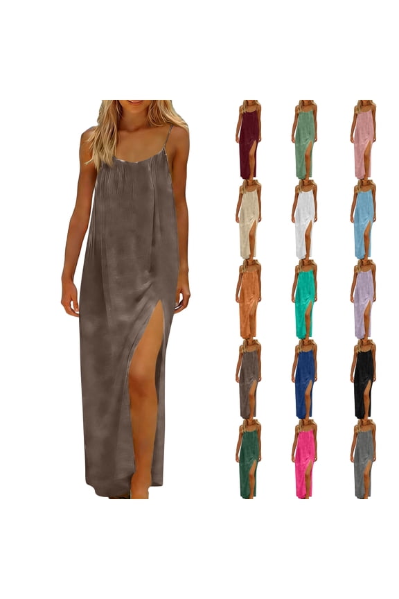 Women's Open Back Spaghetti Strap Beach Maxi Dress Loose Flowy Vacation Sundress Pink 2XL