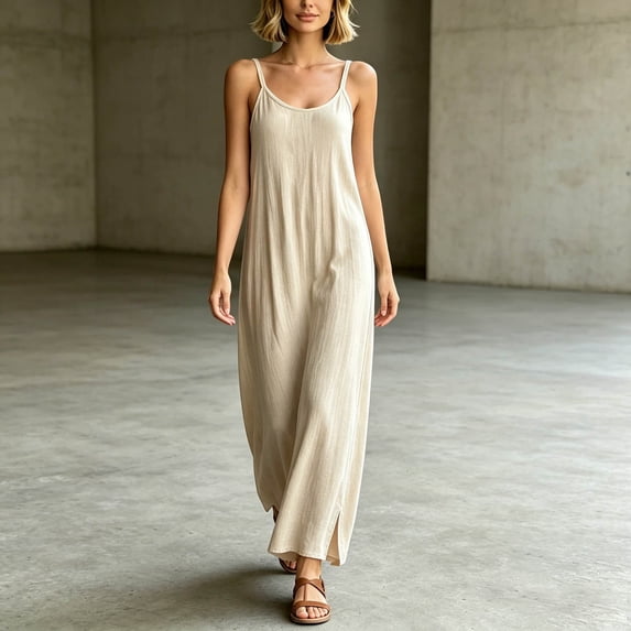 Women's Open Back Spaghetti Strap Beach Maxi Dress Loose Summer Casual Flowy Vacation Beach Sundress(Beige,XL)
