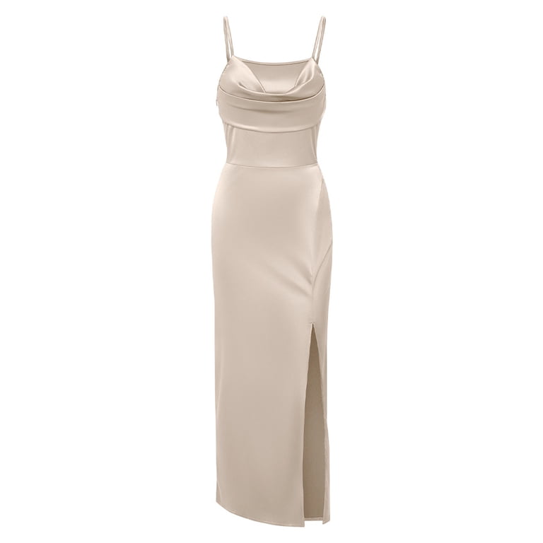 Women's Open Back Split Thigh Drawstring Ruched Front Long Halter Dress