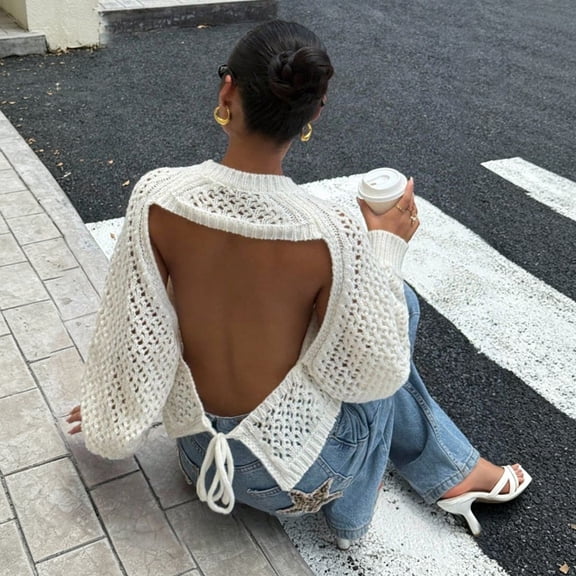 Women's Open Back Sweater Long Sleeve Cut Out Knit Top,Backless Fall Pullover,Lightweight Casual Sweater for Travel Daily Wear Beige S