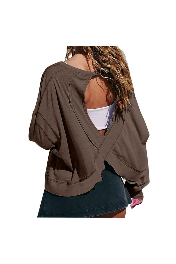 Open Back Workout Tops for Women Long Sleeve Cropped Athletic Clothes Gym Running Yoga Low Impact Sports T Shirts