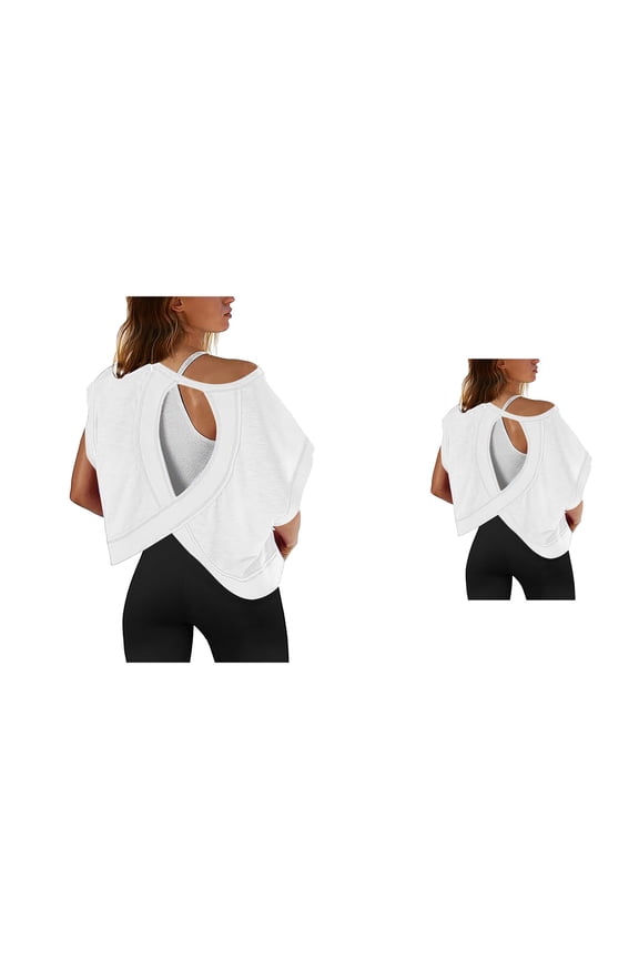 Women's Open Back Workout Top, Short Sleeve Athletic Crop Shirt for Yoga Running Gym – Casual Y2K Slouchy Design