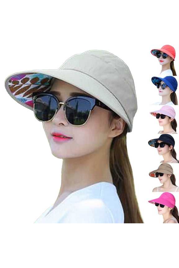 Women's Open Crown Sun Hat, Wide Brim Foldable Visor Hat with Inner Floral Print, Adjustable Chin Strap for Beach, Gardening, Fishing, Travel and Outdoor Sun Protection-Beige